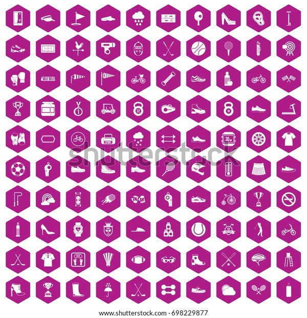 100 sneakers icons set in violet hexagon\
isolated vector\
illustration