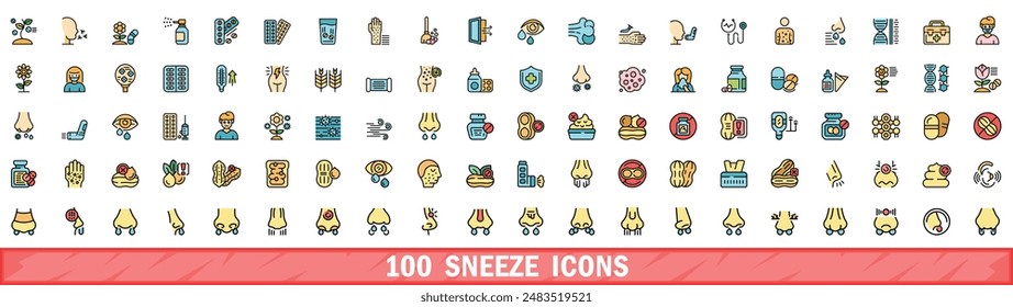 100 sneeze icons set. Color line set of sneeze vector icons thin line color flat on white