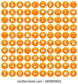 100 snow icons set in orange circle isolated on white vector illustration