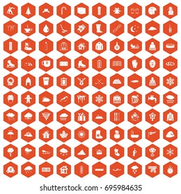 100 snow icons set in orange hexagon isolated vector illustration