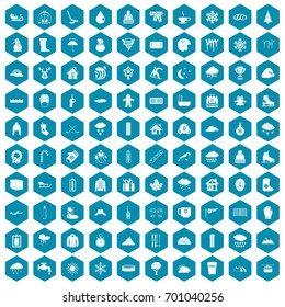 100 snow icons set in sapphirine hexagon isolated vector illustration
