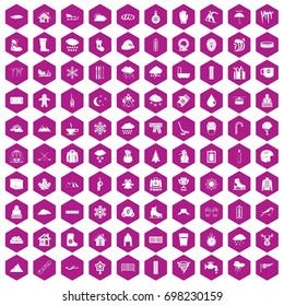 100 snow icons set in violet hexagon isolated vector illustration