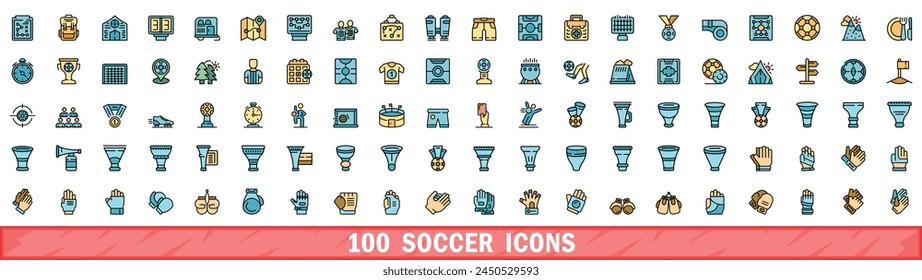 100 soccer icons set. Color line set of soccer vector icons thin line color flat on white