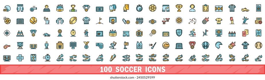 100 soccer icons set. Color line set of soccer vector icons thin line color flat on white