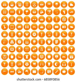100 soccer icons set in orange circle isolated on white vector illustration