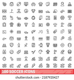 100 soccer icons set. Outline illustration of 100 soccer icons vector set isolated on white background