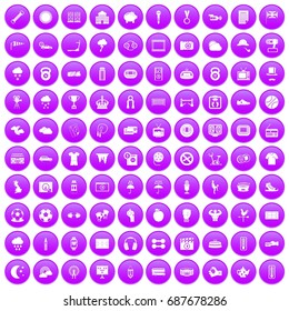 100 soccer icons set in purple circle isolated on white vector illustration