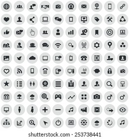 100 Social Media Icons, Black On Circle Gray Background 