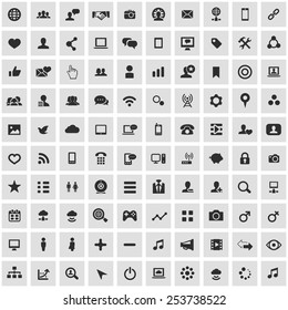 100 social media icons, black on square gray background 