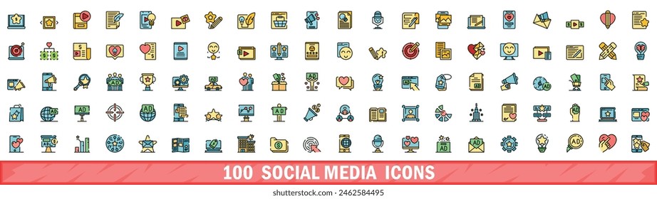 Conjunto de 100 iconos de redes sociales. Conjunto de línea de color de iconos vectoriales de medios sociales línea fina de color plana en blanco