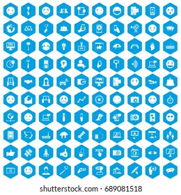 100 social media icons set in blue hexagon isolated vector illustration