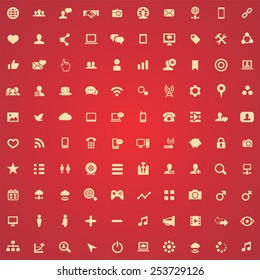 100 social media icons, yellow on red background 