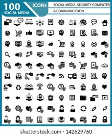 100 Social media, Security computer & Communication icon set,vector