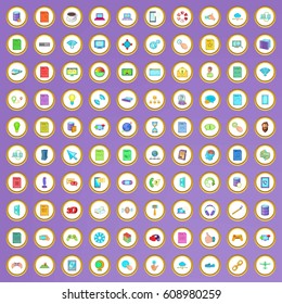 100 software icons set in cartoon style on purple background vector illustration