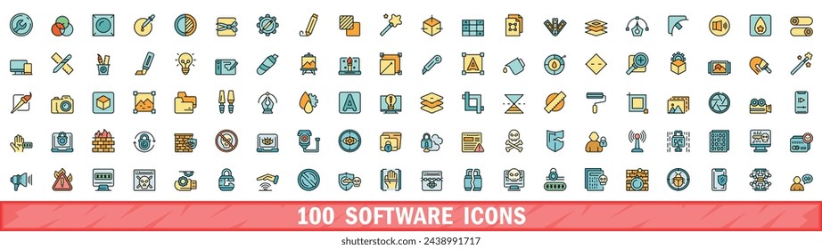 100 iconos de software establecidos. Conjunto de línea de color de iconos vectoriales de software línea fina de color plana en blanco