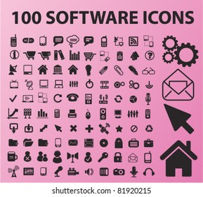 100 software icons, signs, vector illustrations