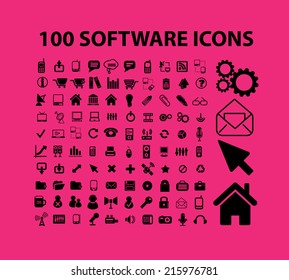 100 software, interface, mobile black icons, signs, illustrations, objects set, vector