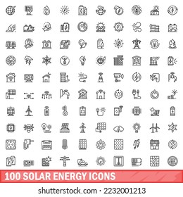 100 solar energy icons set. Outline illustration of 100 solar energy icons vector set isolated on white background