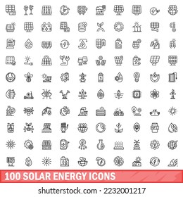 100 solar energy icons set. Outline illustration of 100 solar energy icons vector set isolated on white background