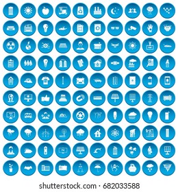 100 solar energy icons set in blue circle isolated on white vector illustration