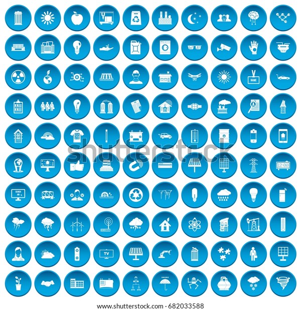 100 solar energy icons set in blue circle\
isolated on white vector\
illustration