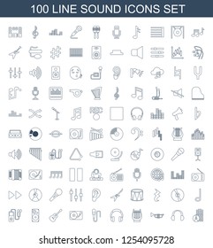 100 sound icons. Trendy sound icons white background. Included line icons such as disc, headset, trumpet, harp, headphones, microphone, dvd player. sound icon for web and mobile.