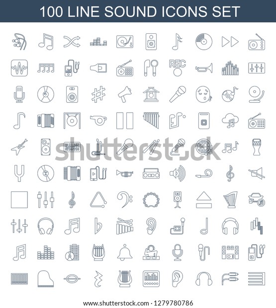 100 sound icons. Trendy sound icons white
background. Included line icons such as guitar strings, earphone
wire, headset, ear, loud speaker with equalizer. sound icon for web
and mobile.