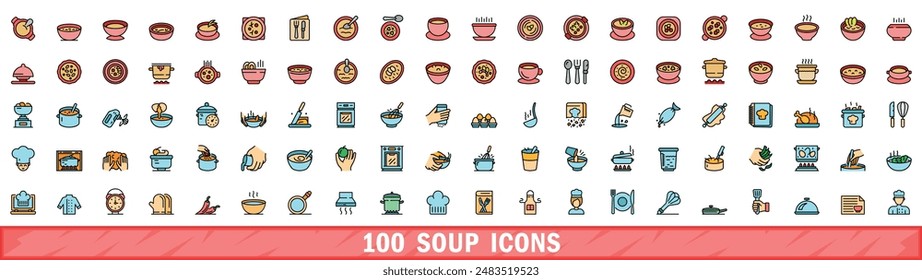 100 soup icons set. Color line set of soup vector icons thin line color flat on white