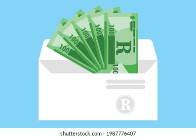 100 South African Rand Banknotes  Money in envelope vector icon. South Africa currency, business, finance and Payment element. Can be used for web, mobile, infographic print.