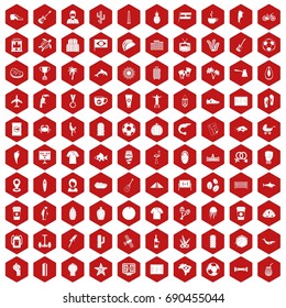 100 South America icons set in red hexagon isolated vector illustration