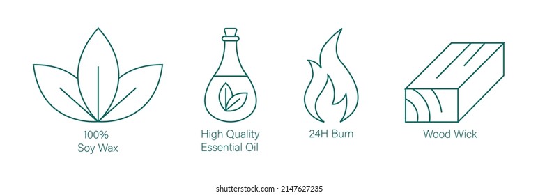 100% soy wax, high-quality essential oil, 24hour burn, wood wick, candles icon set vector illustration 