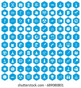 100 space icons set in blue hexagon isolated vector illustration