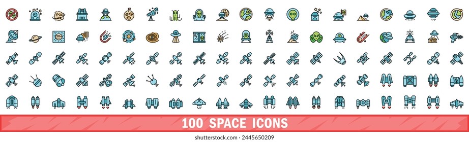 100 space icons set. Color line set of space vector icons thin line color flat on white