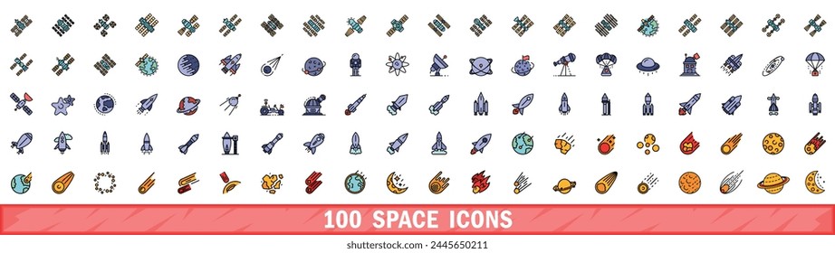 Conjunto de 100 iconos de espacio. Conjunto de línea de color de iconos de vectores de espacio línea fina color plana en blanco