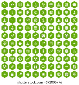100 space icons set in green hexagon isolated vector illustration