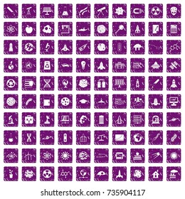 100 space icons set in grunge style purple color isolated on white background vector illustration