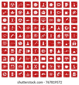 100 space icons set in grunge style red color isolated on white background vector illustration