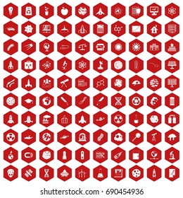 100 space icons set in red hexagon isolated vector illustration