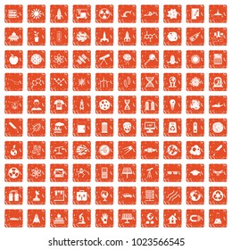 100 space technology icons set in grunge style orange color isolated on white background vector illustration