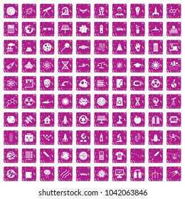 100 space technology icons set in grunge style pink color isolated on white background vector illustration