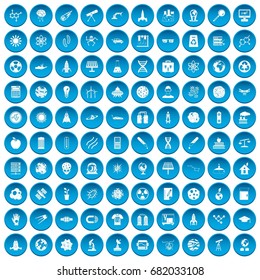 100 space technology icons set in blue circle isolated on white vector illustration