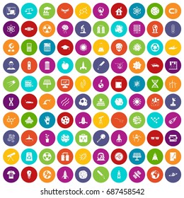 100 space technology icons set in different colors circle isolated vector illustration