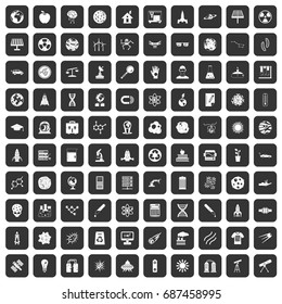 100 space technology icons set in black color isolated vector illustration