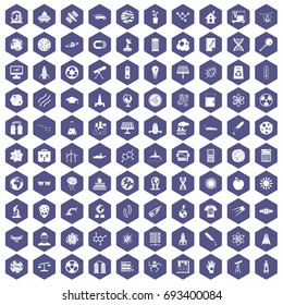 100 space technology icons set in purple hexagon isolated vector illustration