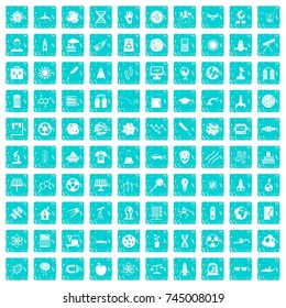 100 space technology icons set in grunge style blue color isolated on white background vector illustration