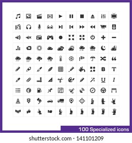 100 specialized icons set. Vector black pictograms for web, internet, business, computer and mobile apps, interface design: media, weather, hands gestures, graphic tools, GPS, navigation symbols