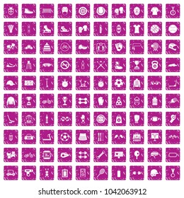 100 sport accessories icons set in grunge style pink color isolated on white background vector illustration