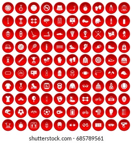 100 sport accessories icons set in red circle isolated on white vectr illustration