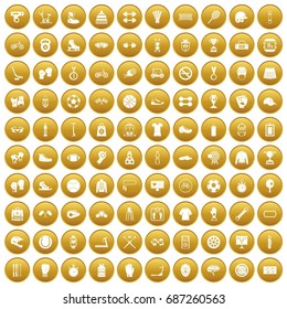 100 sport accessories icons set in gold circle isolated on white vectr illustration