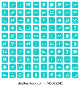 100 sport accessories icons set in grunge style blue color isolated on white background vector illustration